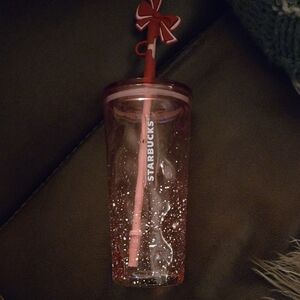 Starbucks Sparkling Pink Glass Tumbler with Bow Straw